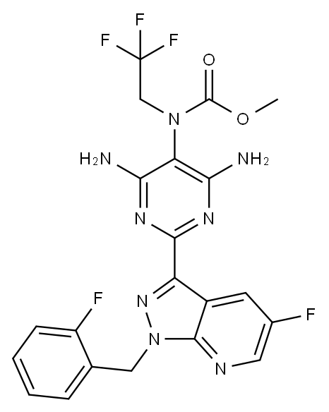 Carbamic acid, N-[4,6-diamino-2-[5-fluoro-1-[(2-fluorophenyl)methyl]-1H-pyrazolo[3,4-b]pyridin-3-yl]-5-pyrimidinyl]-N-(2,2,2-trifluoroethyl)-, methyl ester Struktur