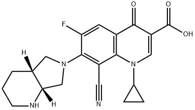 3-Quinolinecarboxylic acid, 8-cyano-1-cyclopropyl-6-fluoro-1,4-dihydro-7-[(4aR,7aR)-octahydro-6H-pyrrolo[3,4-b]pyridin-6-yl]-4-oxo- 化学構造式