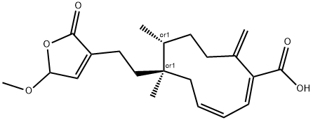 1,3-Cyclodecadiene-1-carboxylic acid, 6-[2-(2,5-dihydro-5-methoxy-2-oxo-3-furanyl)ethyl]-6,7-dimethyl-10-methylene-, (1E,3Z,6R,7R)-rel- Struktur
