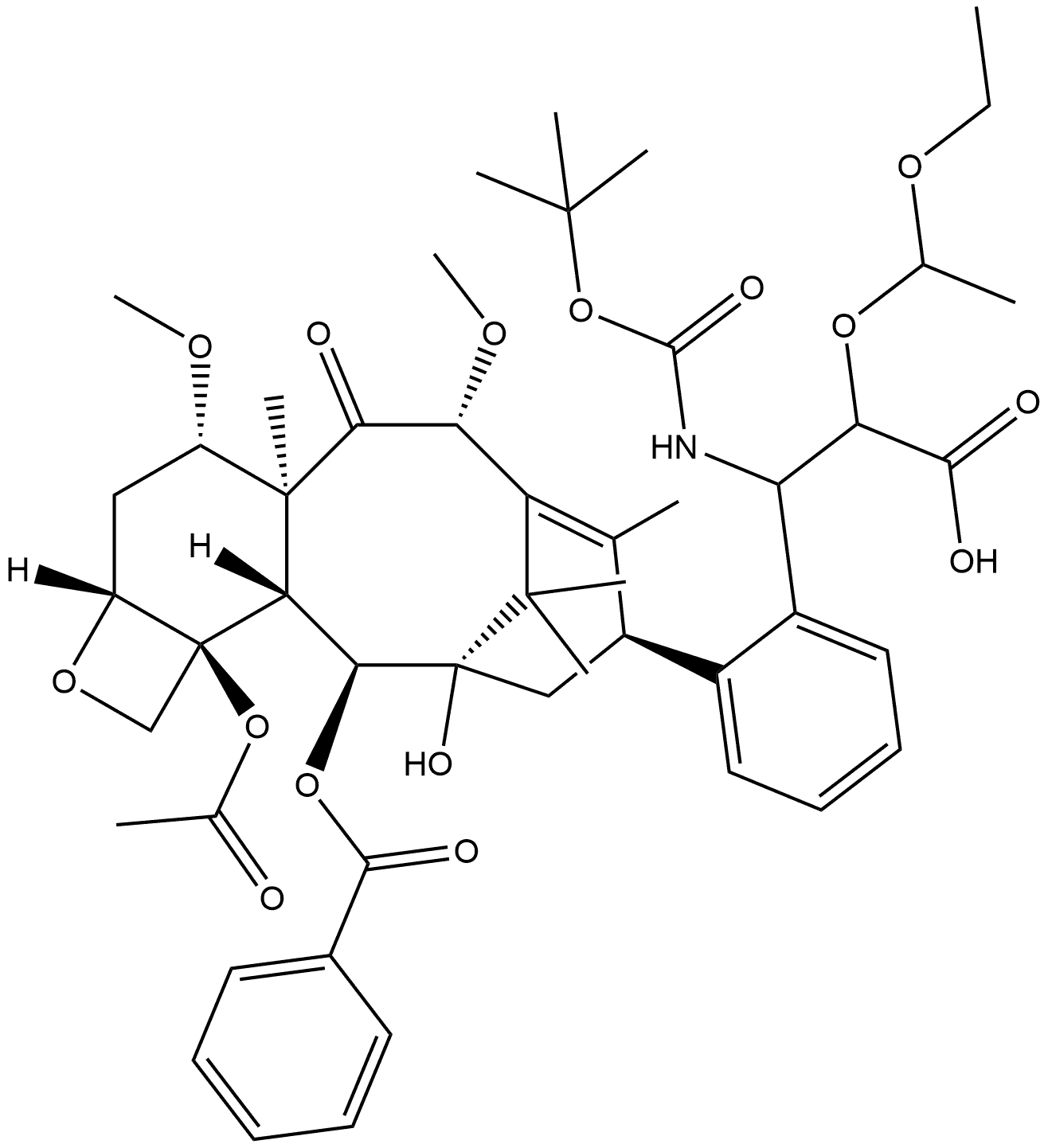 Benzenepropanoic acid, β-[[(1,1-dimethylethoxy)carbonyl]amino]-α-(1-ethoxyethoxy)-, (2aR,4S,4aS,6R,9S,11S,12S,12aR,12bS)-12b-(acetyloxy)-12-(benzoyloxy)-2a,3,4,4a,5,6,9,10,11,12,12a,12b-dodecahydro-11-hydroxy-4,6-dimethoxy-4a,8,13,13-tetramethyl-5-oxo-7,11-methano-1H-cyclodeca[3,4]benz[1,2-b]oxet-9-yl ester, (αR,βS)- Structure