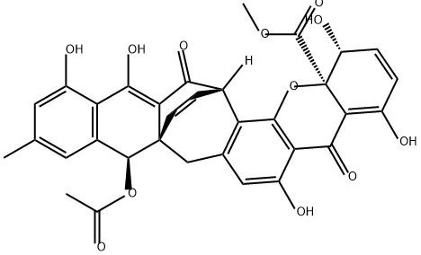 17aH-8a,16-Ethenonaphtho[2',3':5,6]cyclohepta[1,2-c]xanthene-17a-carboxylic acid, 9-(acetyloxy)-1,5,8,9,15,16-hexahydro-1,4,6,13,14-pentahydroxy-11-methyl-5,15-dioxo-, methyl ester, (1R,8aR,9S,16S,17aR)- Structure
