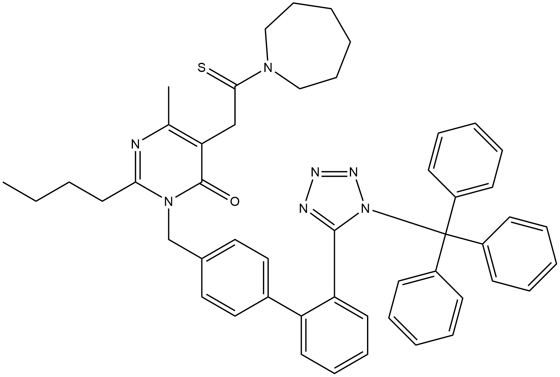 2-Butyl-5-[2-(hexahydro-1H-azepin-1-yl)-2-thioxoethyl]-6-methyl-3-[[2′-[1-(triphenylmethyl)-1H-tetrazol-5-yl][1,1′-biphenyl]-4-yl]methyl]-4(3H)-pyrimidinone Structure