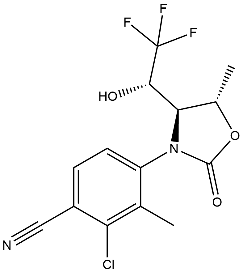 2-chloro-4-((4S,5S)-4-((S)-2,2,2-trifluoro-1-hydroxyethyl)-5-methyl-2-oxooxazolidin-3-yl)-3-methylbenzonitrile Structure