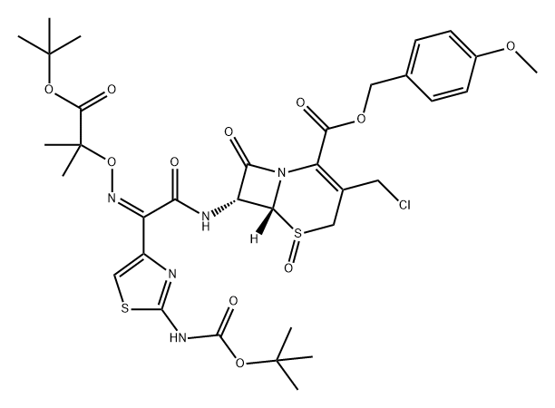 5-Thia-1-azabicyclo[4.2.0]oct-2-ene-2-carboxylic acid, 3-(chloromethyl)-7-[[(2Z)-2-[2-[[(1,1-dimethylethoxy)carbonyl]amino]-4-thiazolyl]-2-[[2-(1,1-dimethylethoxy)-1,1-dimethyl-2-oxoethoxy]imino]acetyl]amino]-8-oxo-, (4-methoxyphenyl)methyl ester, 5-oxide, (6R,7R)- Structure