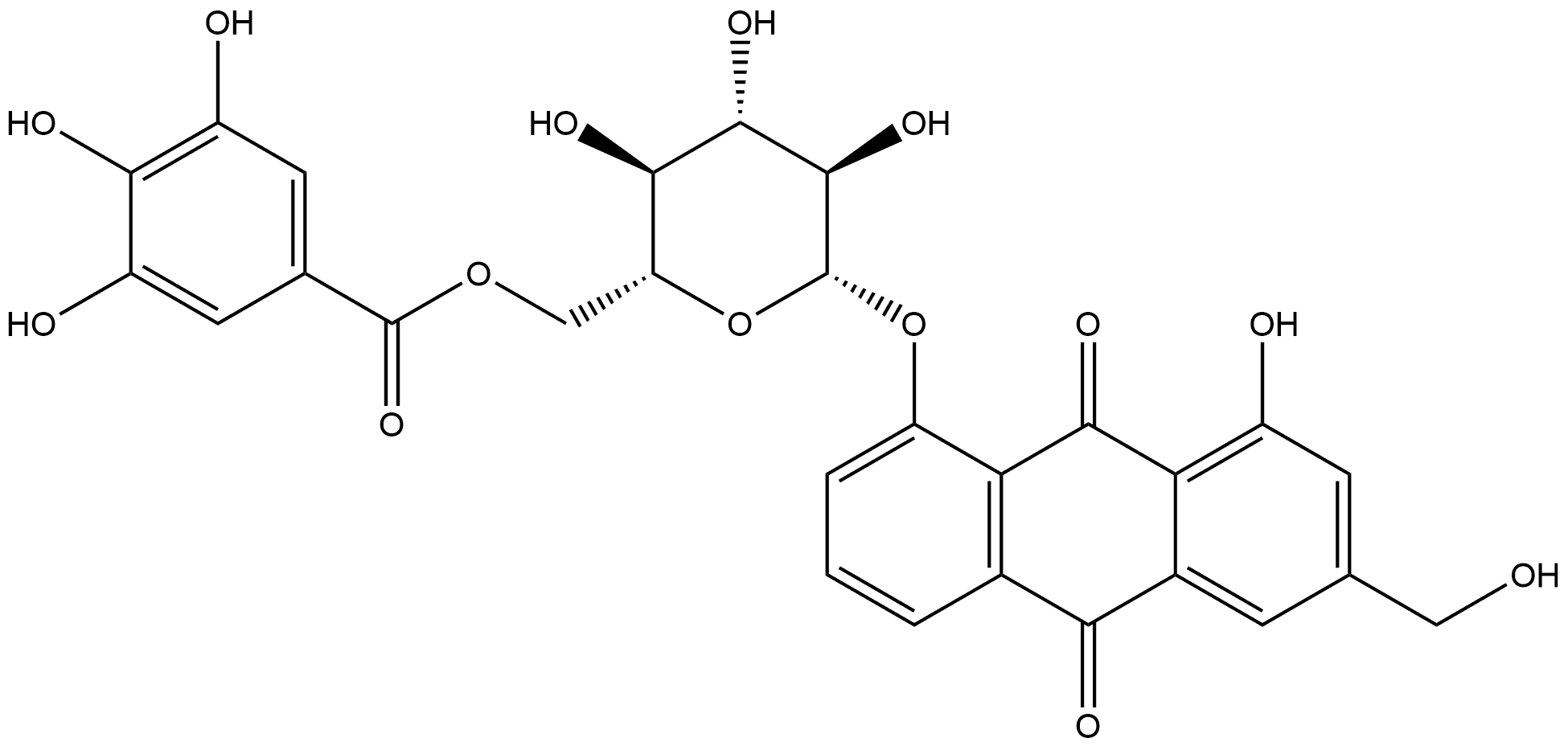 9,10-Anthracenedione, 1-hydroxy-3-(hydroxymethyl)-8-[[6-O-(3,4,5-trihydroxybenzoyl)-β-D-glucopyranosyl]oxy]- Struktur