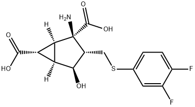 Bicyclo[3.1.0]hexane-2,6-dicarboxylic acid, 2-amino-3-[[(3,4-difluorophenyl)thio]methyl]-4-hydroxy-, (1S,2R,3S,4S,5R,6R)- 结构式