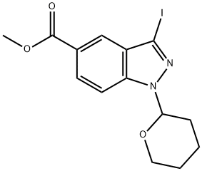 1H-?Indazole-?5-?carboxylic acid, 3-?iodo-?1-?(tetrahydro-?2H-?pyran-?2-?yl)?-?, methyl ester Struktur