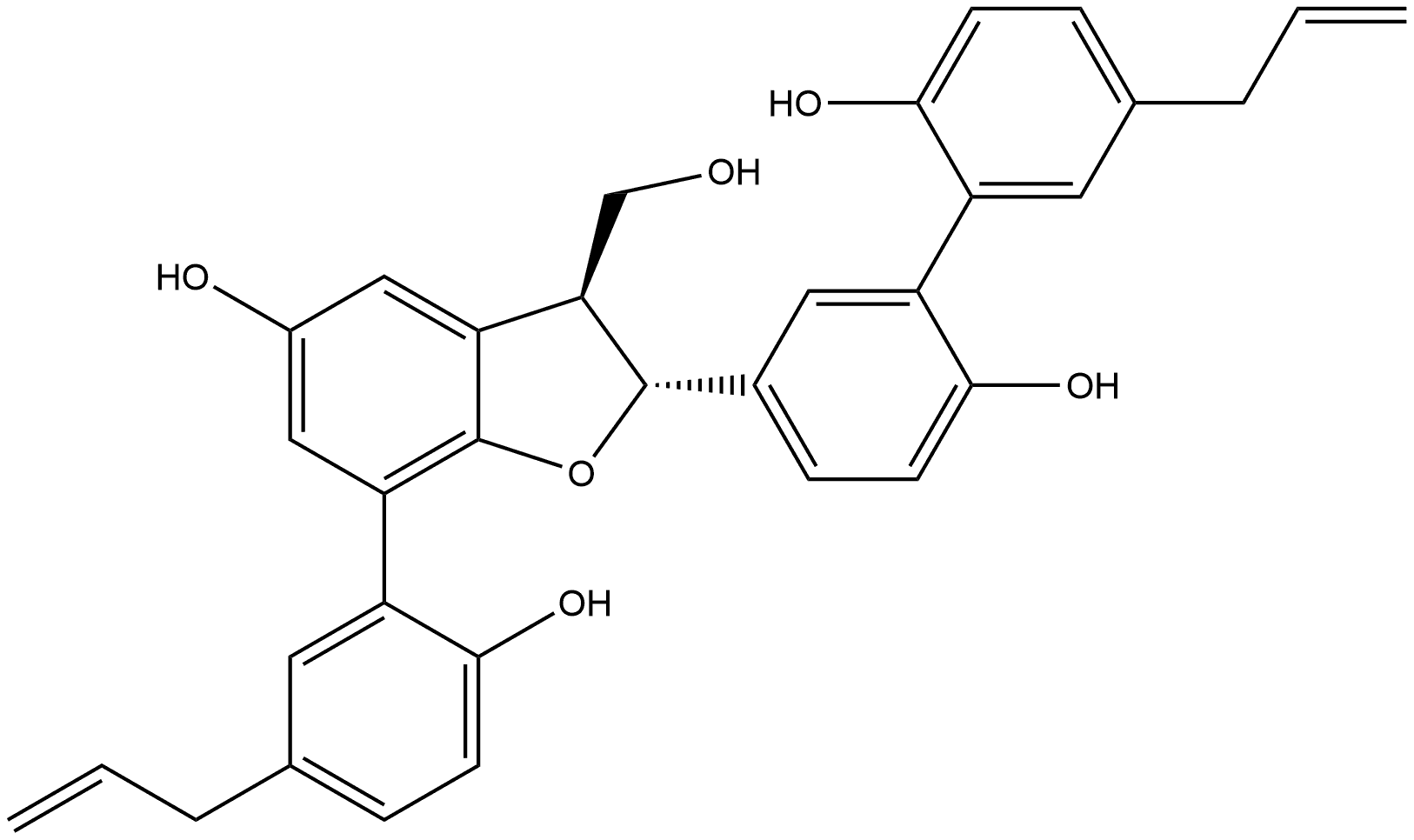 [1,1'-Biphenyl]-2,2'-diol, 5-[(2R,3S)-2,3-dihydro-5-hydroxy-3-(hydroxymethyl)-7-[2-hydroxy-5-(2-propen-1-yl)phenyl]-2-benzofuranyl]-5'-(2-propen-1-yl)-, rel-(+)- Structure