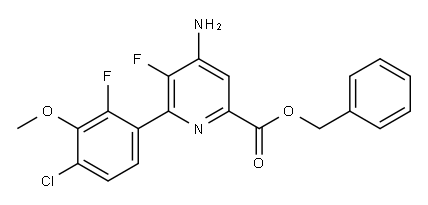 2-Pyridinecarboxylic acid, 4-amino-6-(4-chloro-2-fluoro-3-methoxyphenyl)-5-fluoro-, phenylmethyl ester Structure