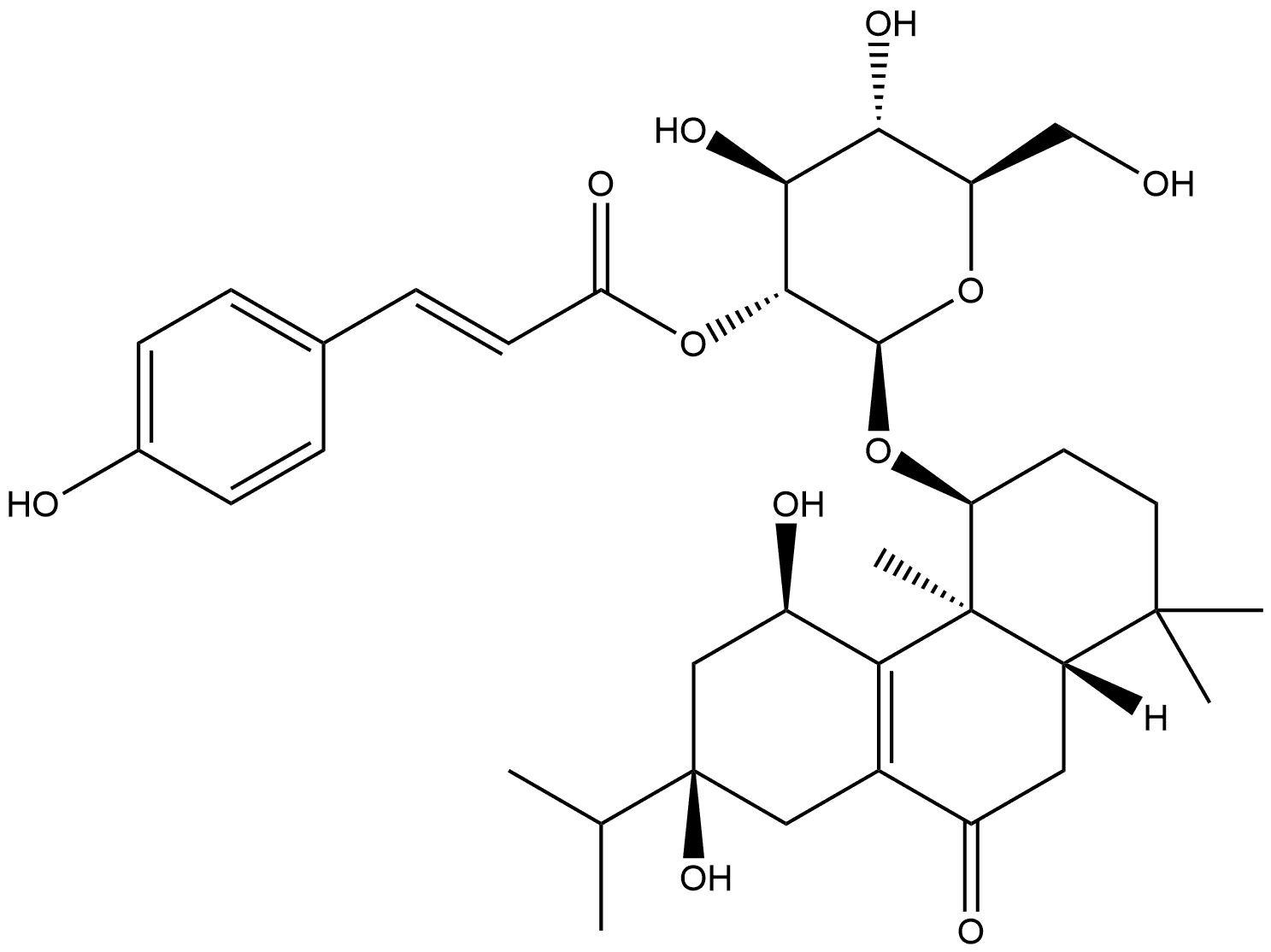 9(1H)-Phenanthrenone, 2,3,4,4a,5,6,7,8,10,10a-decahydro-5,7-dihydroxy-4-[[2-O-[(2E)-3-(4-hydroxyphenyl)-1-oxo-2-propen-1-yl]-β-D-glucopyranosyl]oxy]-1,1,4a-trimethyl-7-(1-methylethyl)-, (4S,4aS,5R,7R,10aS)- Struktur