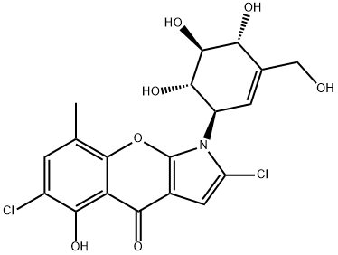 [1]Benzopyrano[2,3-b]pyrrol-4(1H)-one, 2,6-dichloro-5-hydroxy-8-methyl-1-[(1R,4R,5S,6S)-4,5,6-trihydroxy-3-(hydroxymethyl)-2-cyclohexen-1-yl]- 结构式
