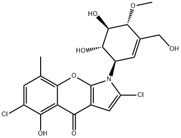 [1]Benzopyrano[2,3-b]pyrrol-4(1H)-one, 2,6-dichloro-1-[(1R,4R,5R,6S)-5,6-dihydroxy-3-(hydroxymethyl)-4-methoxy-2-cyclohexen-1-yl]-5-hydroxy-8-methyl- Struktur