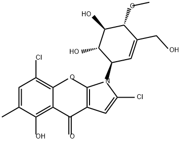 [1]Benzopyrano[2,3-b]pyrrol-4(1H)-one, 2,8-dichloro-1-[(1R,4R,5R,6S)-5,6-dihydroxy-3-(hydroxymethyl)-4-methoxy-2-cyclohexen-1-yl]-5-hydroxy-6-methyl- 结构式