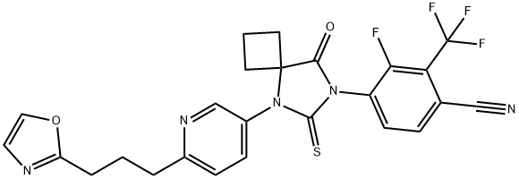 3-Fluoro-4-[5-[6-[3-(2-oxazolyl)propyl]-3-pyridinyl]-8-oxo-6-thioxo-5,7-diazaspiro[3.4]oct-7-yl]-2-(trifluoromethyl)benzonitrile Struktur