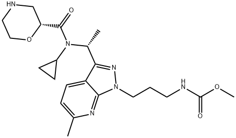 Carbamic acid, N-[3-[3-[(1R)-1-[cyclopropyl[(2R)-2-morpholinylcarbonyl]amino]ethyl]-6-methyl-1H-pyrazolo[3,4-b]pyridin-1-yl]propyl]-, methyl ester Struktur
