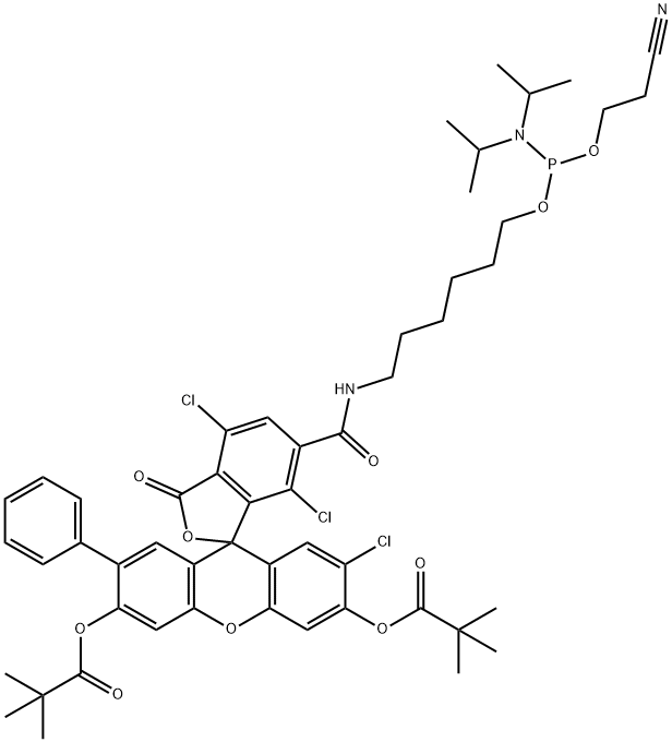 Propanoic acid, 2,2-dimethyl-, 1,1'-[6-[10-[bis(1-methylethyl)amino]-13-cyano-1-oxo-9,11-dioxa-2-aza-10-phosphatridec-1-yl]-2',4,7-trichloro-3-oxo-7'-phenylspiro[isobenzofuran-1(3H),9'-[9H]xanthene]-3',6'-diyl] ester Structure
