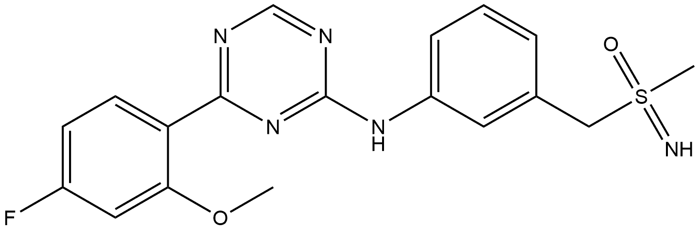 1,3,5-Triazin-2-amine, 4-(4-fluoro-2-methoxyphenyl)-N-[3-[(S-methylsulfonimidoyl)methyl]phenyl]-, (+)- Structure