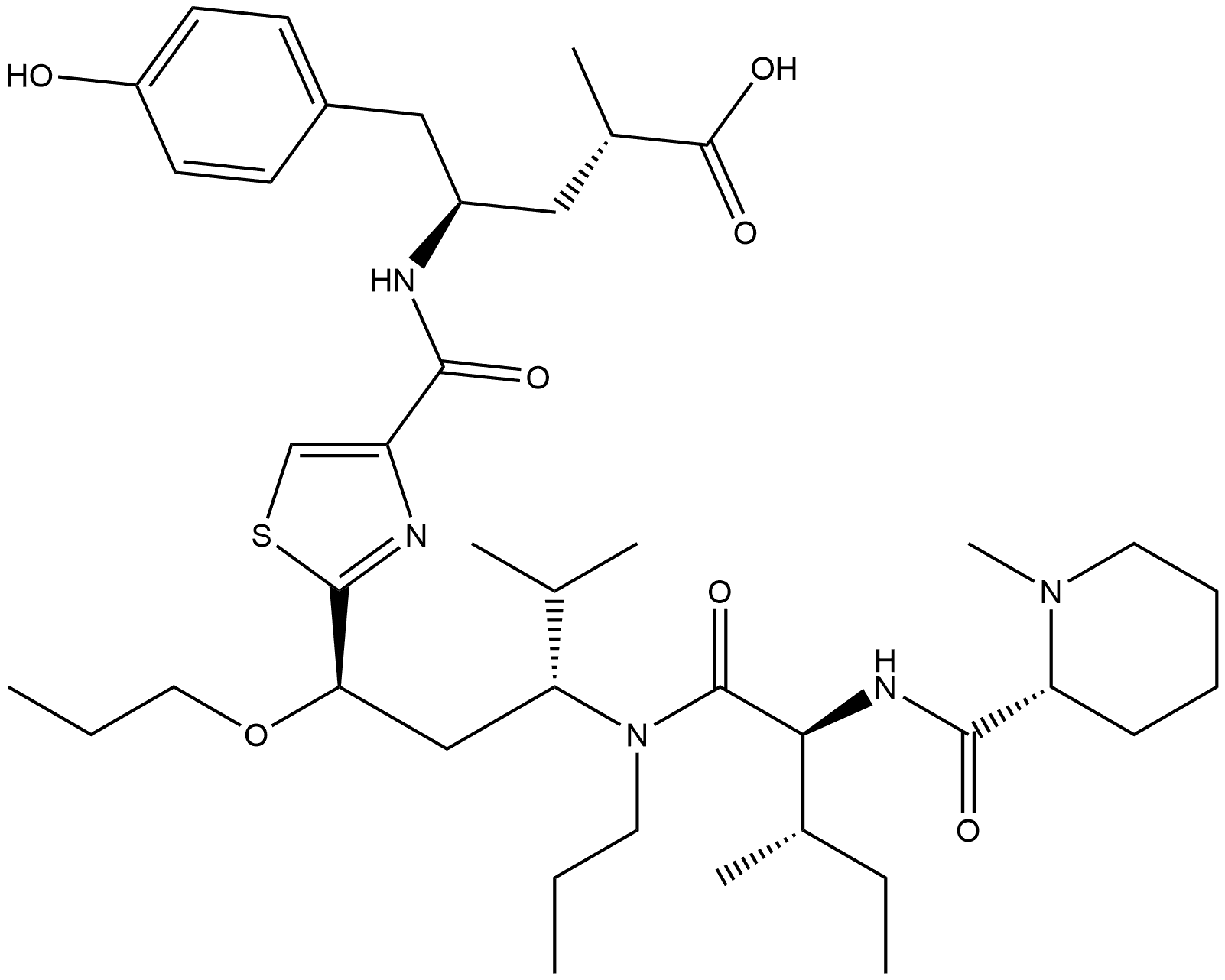 Benzenepentanoic acid, 4-hydroxy-α-methyl-γ-[[[2-[(1R,3R)-4-methyl-3-[[(2S,3S)-3-methyl-2-[[[(2R)-1-methyl-2-piperidinyl]carbonyl]amino]-1-oxopentyl]propylamino]-1-propoxypentyl]-4-thiazolyl]carbonyl]amino]-, (αS,γR)- Structure