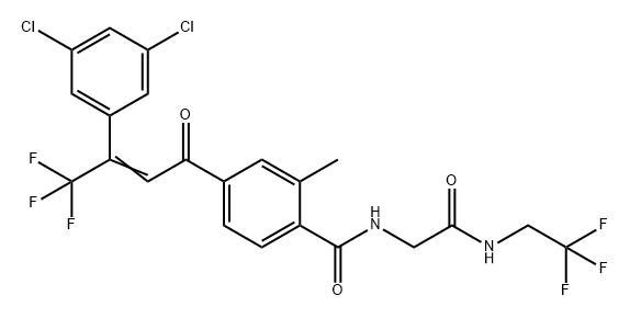 4-[(E)-3-(3,5-Dichloro-phenyl)-4,4,4-trifluoro-but-2-enoyl]-2-methyl-N-[(2,2,2-trifluoro-ethylcarbamoyl)-methyl]-benzamide Struktur