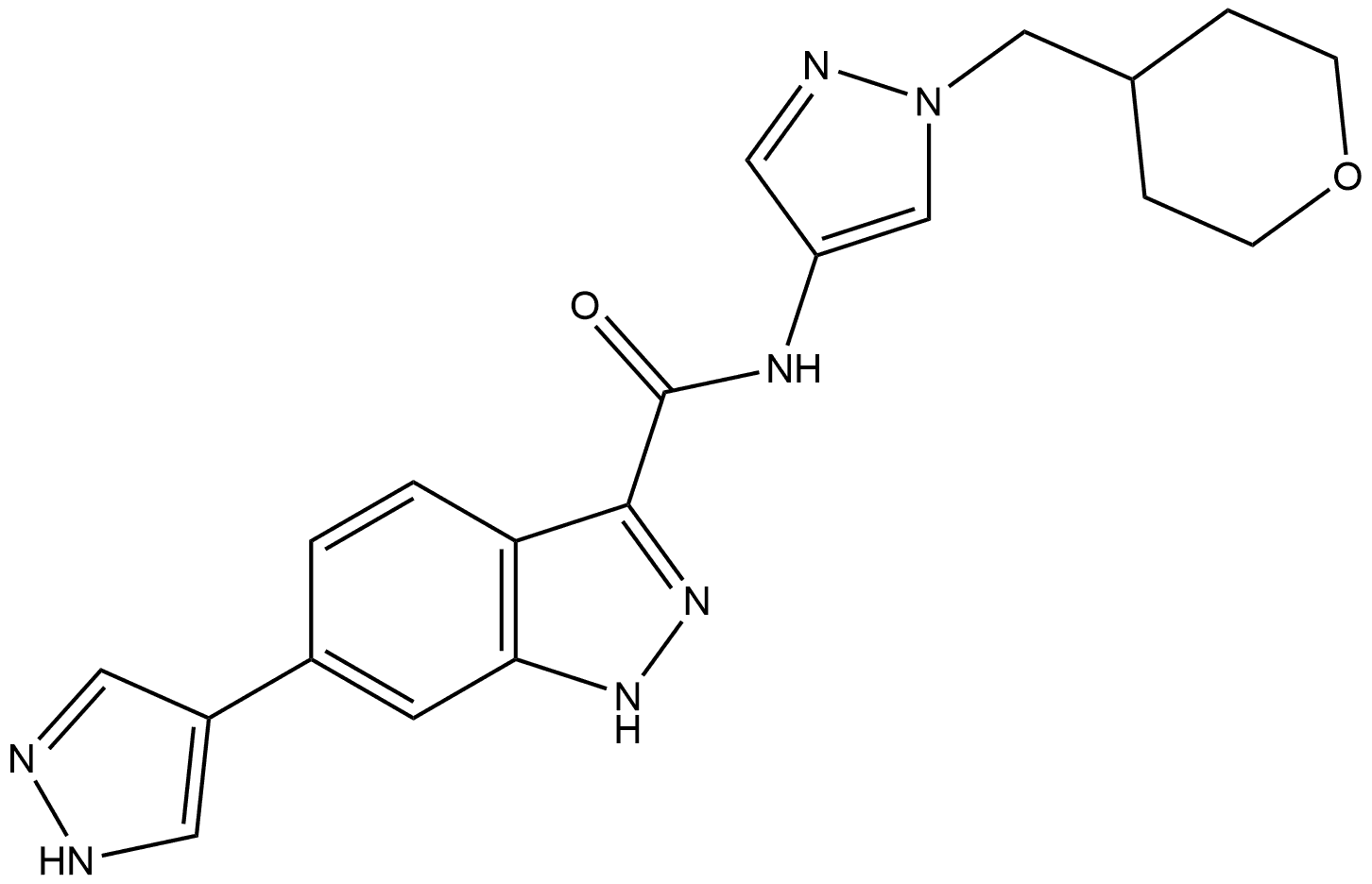 6-(1H-Pyrazol-4-yl)-N-[1-[(tetrahydro-2H-pyran-4-yl)methyl]-1H-pyrazol-4-yl]-1H-indazole-3-carboxamide Struktur