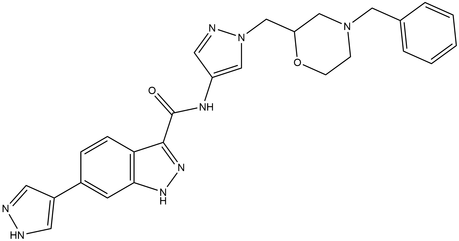 N-[1-[[4-(Phenylmethyl)-2-morpholinyl]methyl]-1H-pyrazol-4-yl]-6-(1H-pyrazol-4-yl)-1H-indazole-3-carboxamide Struktur
