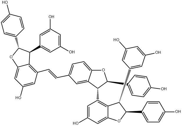 1,3-Benzenediol, 5-[(2R,2'S,3R,3'S)-5-[(1E)-2-[(2S,3S)-3-(3,5-dihydroxyphenyl)-2,3-dihydro-6-hydroxy-2-(4-hydroxyphenyl)-4-benzofuranyl]ethenyl]-2,2',3,3'-tetrahydro-6'-hydroxy-2,2'-bis(4-hydroxyphenyl)[3,4'-bibenzofuran]-3'-yl]- Structure