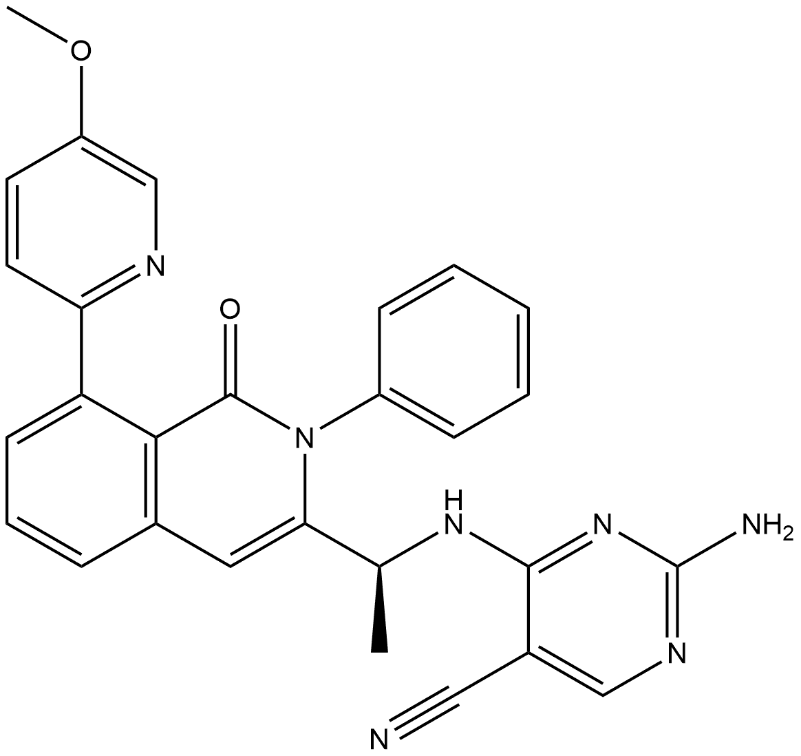 (S)-2-amino-4-((1-(8-(5-methoxypyridin-2-yl)-1-oxo-2-phenyl-1,2-dihydroisoquinolin-3-yl)ethyl)amino)pyrimidine-5-carbonitrile Structure