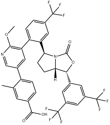 Benzoic acid, 4-[5-[2-[(1R,5S,7aS)-1-[3,5-bis(trifluoromethyl)phenyl]tetrahydro-3-oxo-1H,3H-pyrrolo[1,2-c]oxazol-5-yl]-4-(trifluoromethyl)phenyl]-6-methoxy-3-pyridinyl]-3-methyl- Structure