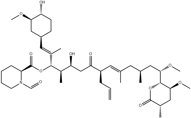 2-Piperidinecarboxylic acid, 1-formyl-, (1S,2R,3S,6R,7E,10S,12S)-3-hydroxy-1-[(1E)-2-[(1R,3R,4R)-4-hydroxy-3-methoxycyclohexyl]-1-methylethenyl]-12-methoxy-2,8,10-trimethyl-5-oxo-6-(2-propen-1-yl)-12-[(2R,3S,5S)-tetrahydro-3-methoxy-5-methyl-6-oxo-2H-pyra Struktur
