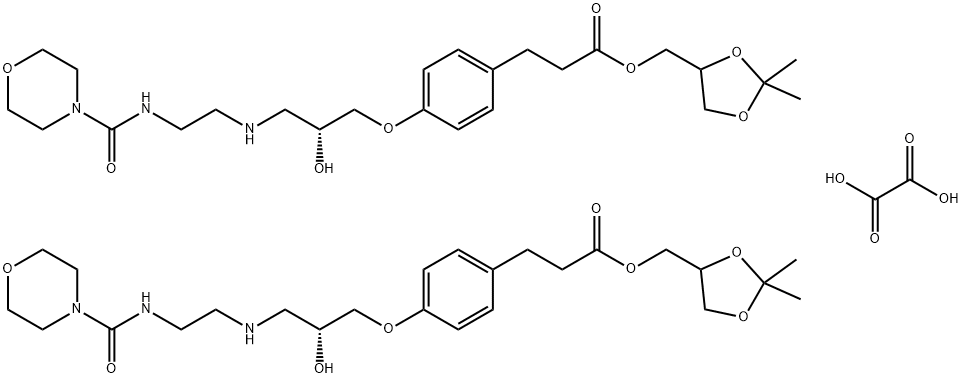 Benzenepropanoic acid, 4-[2-hydroxy-3-[[2-[(4-morpholinylcarbonyl)amino]ethyl]amino]propoxy]-, (2,2-dimethyl-1,3-dioxolan-4-yl)methyl ester, [R-(R*,R*)]-, ethanedioate (2:1) (salt) Struktur