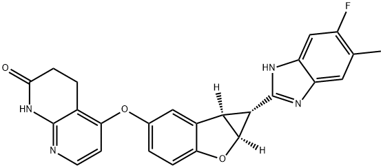 1,8-Naphthyridin-2(1H)-one, 5-[[(1R,1aS,6bR)-1-(6-fluoro-5-methyl-1H-benzimidazol-2-yl)-1a,6b-dihydro-1H-cyclopropa[b]benzofuran-5-yl]oxy]-3,4-dihydro- Structure