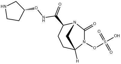(2S,5R)-7-oxo-2-((((R)-pyrrolidin-3-yl)oxy)carbamoyl)-1,6-diazabicyclo[3.2.1]octan-6-yl hydrogen sulfate 化学構造式