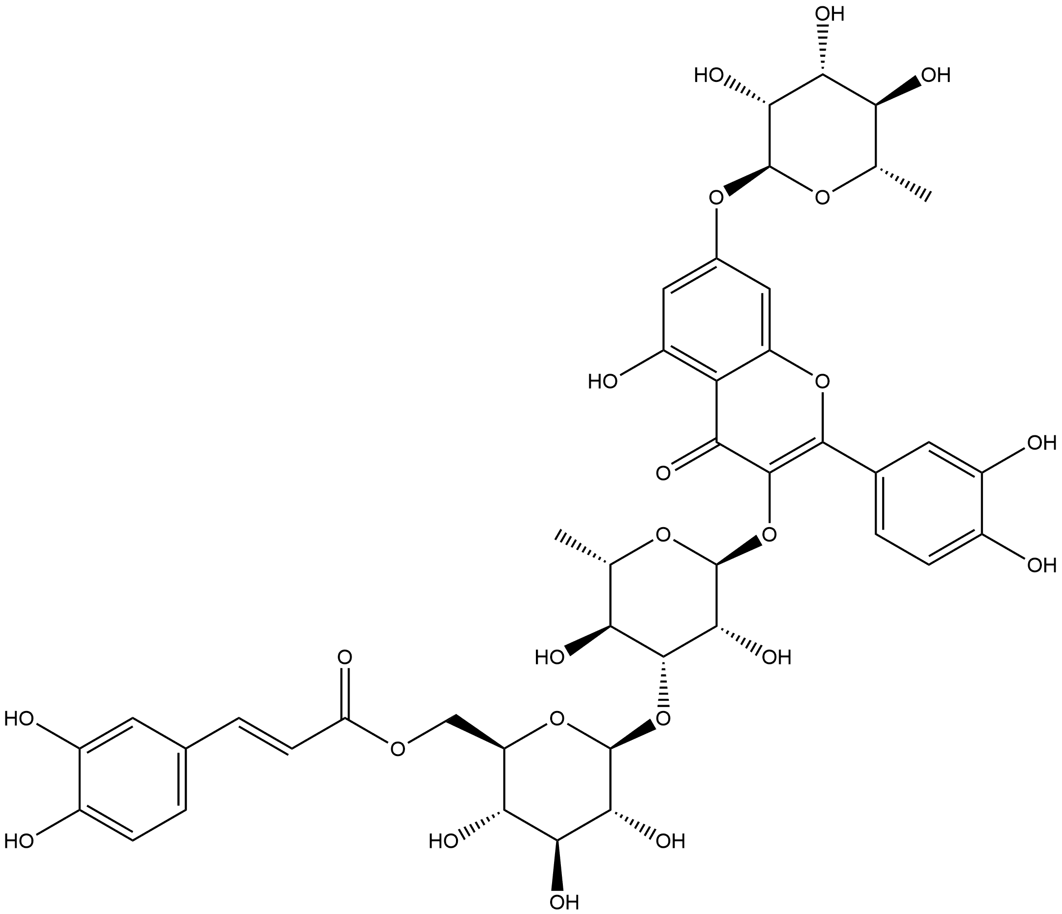 槲皮素-3-O-(6-O-(E)-咖啡酰基-Β-D-吡喃葡萄糖基-(1→3)-Α-L-吡喃鼠李糖苷)-7-O-Α-L-吡喃鼠李糖苷, 1459767-44-2, 结构式