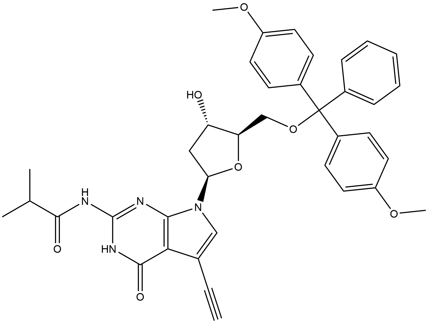 N2-iso-Butyryl-5′-O-(4,4′-dimethoxytrityl)-7-ethynyl-7-deaza-2'-deoxyguanosine Struktur