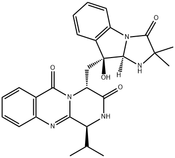 2H-Pyrazino[2,1-b]quinazoline-3,6(1H,4H)-dione, 1-(1-methylethyl)-4-[[(9S,9aR)-2,3,9,9a-tetrahydro-9-hydroxy-2,2-dimethyl-3-oxo-1H-imidazo[1,2-a]indol-9-yl]methyl]-, (1S,4R)- Struktur
