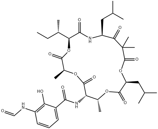 Benzamide, 3-(formylamino)-2-hydroxy-N-[(2S,5S,8S,13S,16R,17S)-2,10,10,16-tetramethyl-5-[(1S)-1-methylpropyl]-8,13-bis(2-methylpropyl)-3,6,9,11,14,18-hexaoxo-1,4,12,15-tetraoxa-7-azacyclooctadec-17-yl]- Structure
