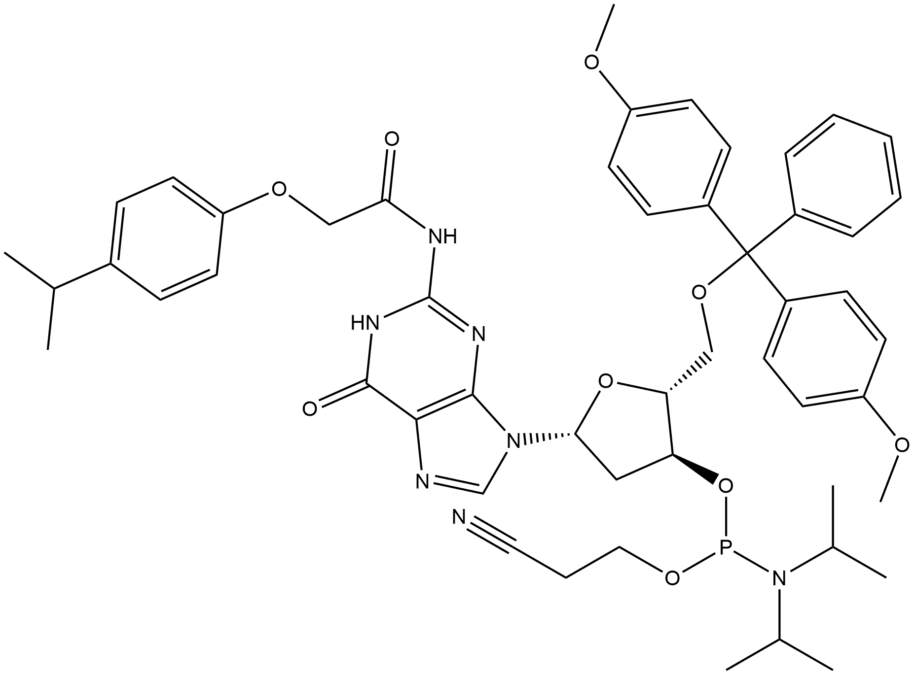 Guanosine, 5'-O-[bis(4-methoxyphenyl)phenylmethyl]-2'-deoxy-N-[[4-(1-methylethyl)phenoxy]acetyl]-, 3'-[2-cyanoethyl bis(1-methylethyl)phosphoramidite],150065-82-0,结构式