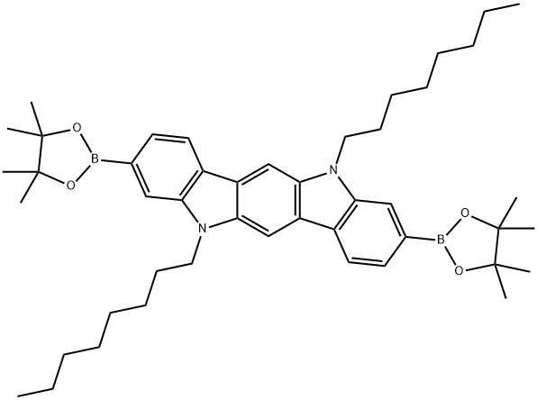 5,11-二辛基-3,9-双(4,4,5,5-四甲基-1,3,2-二氧杂硼硼烷-2-基)-5,11-二氢吲哚[3,2-B]咔唑 结构式