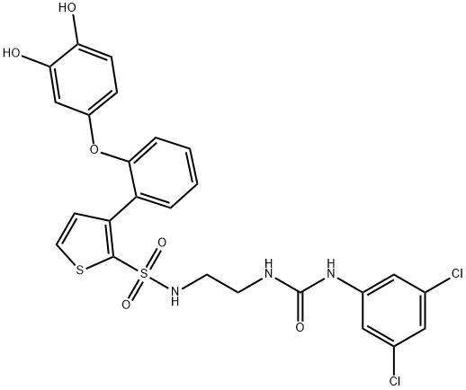 2-Thiophenesulfonamide, N-[2-[[[(3,5-dichlorophenyl)amino]carbonyl]amino]ethyl]-3-[2-(3,4-dihydroxyphenoxy)phenyl]- Struktur