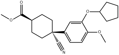 Cyclohexanecarboxylic acid, 4-cyano-4-[3-(cyclopentyloxy)-4-methoxyphenyl]-, methyl ester, cis- Structure