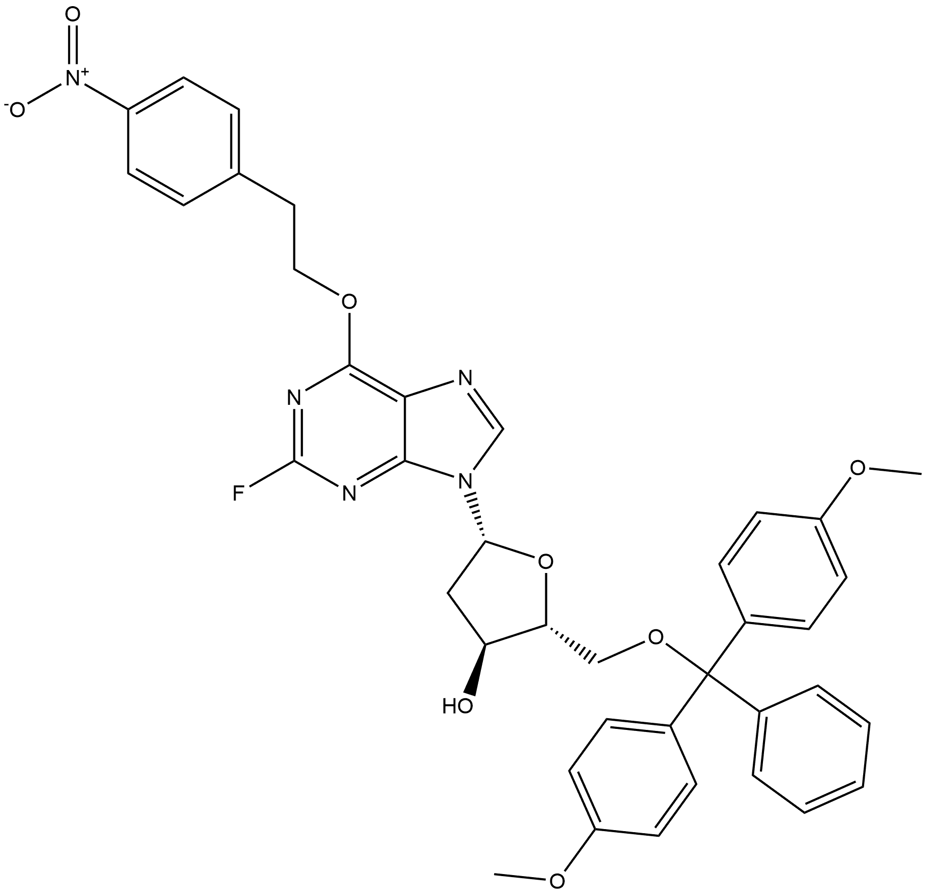 5'-O-Dimethoxytrityl-2-fluoro-6-O-(2-(4-nitrophenyl)ethyl)-2'-deoxyinosine Structure