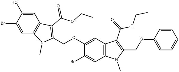 1H-Indole-3-carboxylic acid, 6-bromo-5-[[6-bromo-3-(ethoxycarbonyl)-5-hydroxy-1-methyl-1H-indol-2-yl]methoxy]-1-methyl-2-[(phenylthio)methyl]-, ethyl ester Struktur