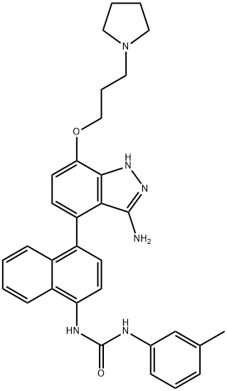 Urea, N-[4-[3-amino-7-[3-(1-pyrrolidinyl)propoxy]-1H-indazol-4-yl]-1-naphthalenyl]-N'-(3-methylphenyl)- Structure