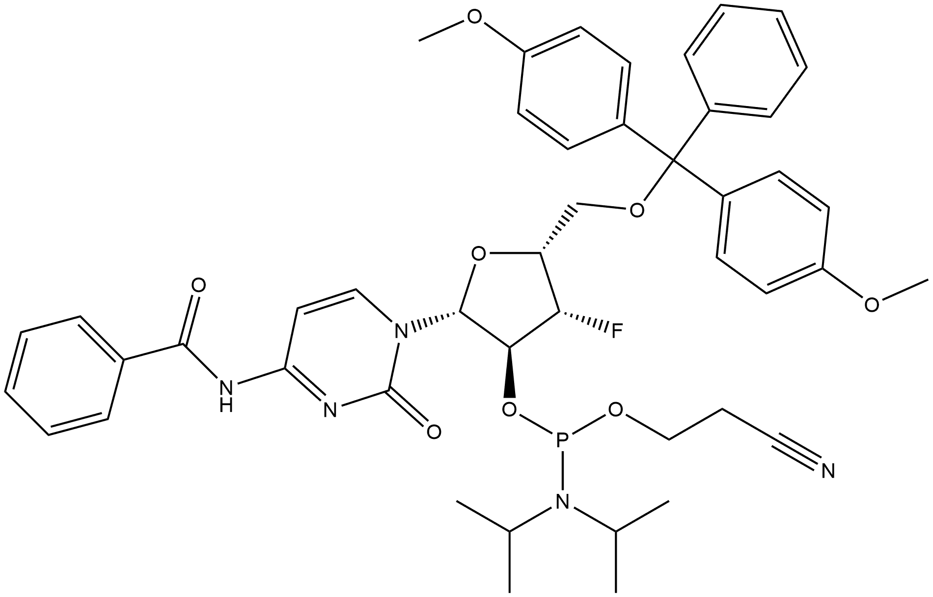 Benzamide, N-[1-[5-O-[bis(4-methoxyphenyl)phenylmethyl]-2-O-[[bis(1-methylethyl)amino](2-cyanoethoxy)phosphino]-3-deoxy-3-fluoro-β-D-xylofuranosyl]-1,2-dihydro-2-oxo-4-pyrimidinyl]-,1555759-30-2,结构式