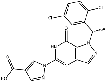 1H-Pyrazole-4-carboxylic acid, 1-[1-[(1S)-1-(2,5-dichlorophenyl)ethyl]-6,7-dihydro-7-oxo-1H-pyrazolo[4,3-d]pyrimidin-5-yl]- Struktur