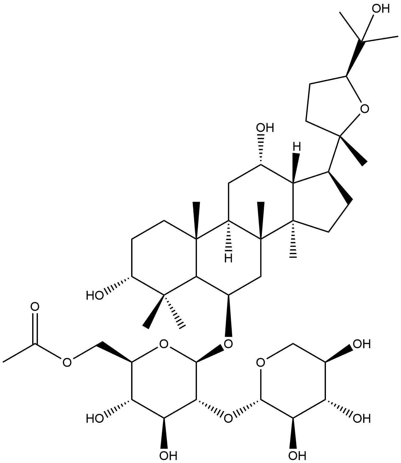 β-D-Glucopyranoside, (3β,6α,12β,24S)-20,24-epoxy-3,12,25-trihydroxydammaran-6-yl 2-O-β-D-xylopyranosyl-, 6-acetate Struktur