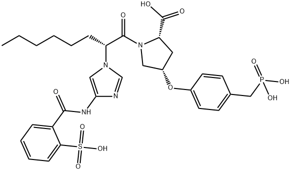 (2S,4S)-4-[4-(ホスホノメチル)フェノキシ]-1-[(2R)-2-[4-(2-スルホベンズアミド)-1H-イミダゾール-1-イル]オクタノイル]ピロリジン-2-カルボン酸 化学構造式
