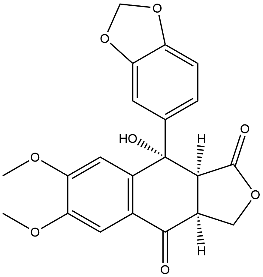 Naphtho[2,3-c]furan-1,4-dione, 9-(1,3-benzodioxol-5-yl)-3,3a,9,9a-tetrahydro-9-hydroxy-6,7-dimethoxy-, [3aS-(3aα,9α,9aα)]- (9CI) Structure