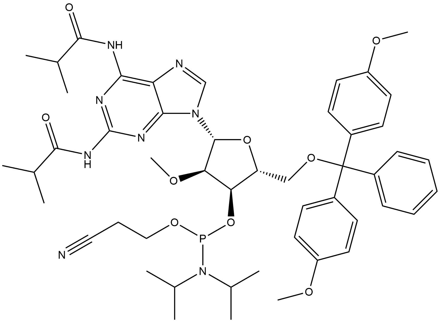 Adenosine, 5'-O-[bis(4-methoxyphenyl)phenylmethyl]-2'-O-methyl-N-(2-methyl-1-oxopropyl)-2-[(2-methyl-1-oxopropyl)amino]-, 3'-[2-cyanoethyl N,N-bis(1-methylethyl)phosphoramidite] 结构式