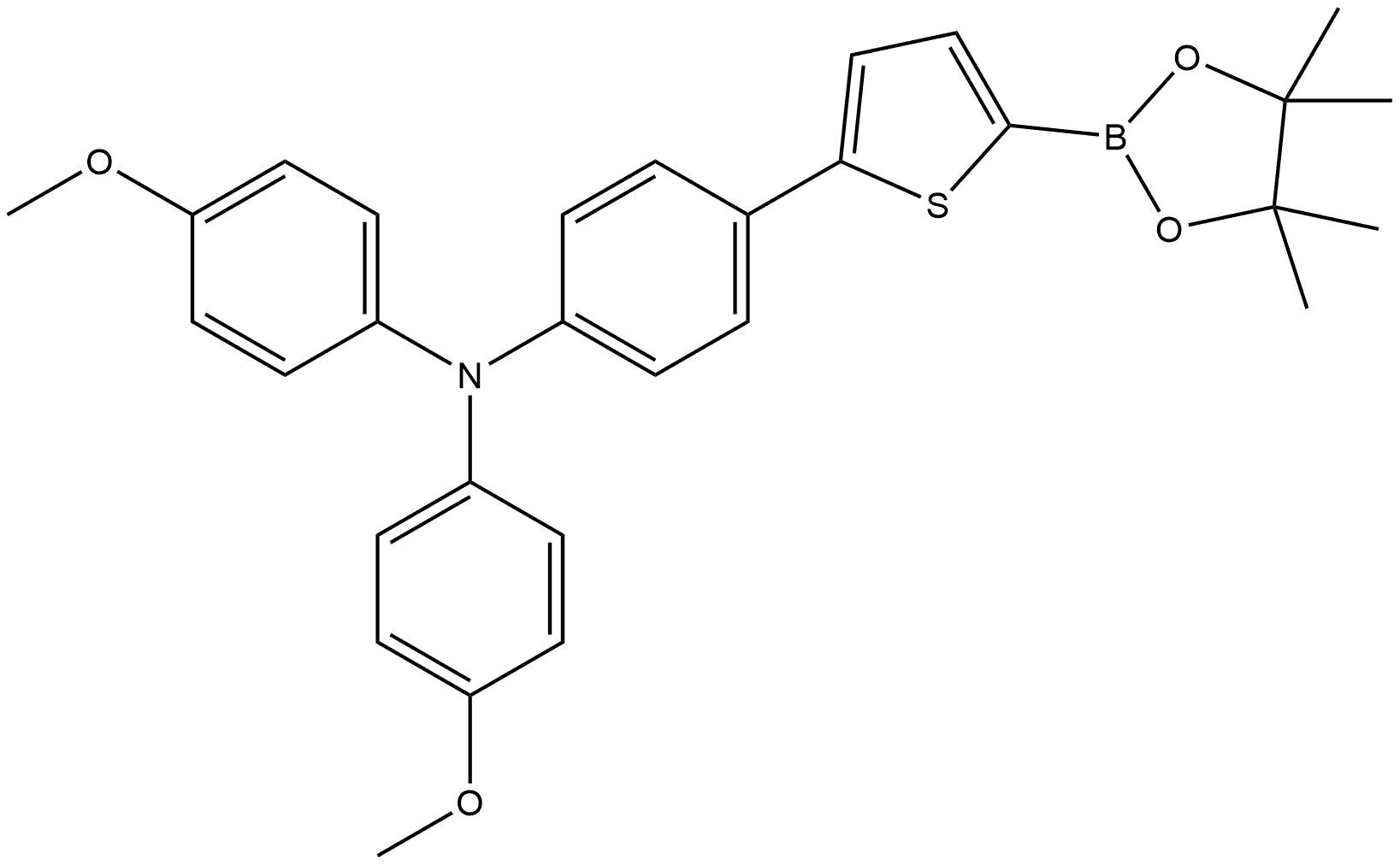 4-METHOXY-N-(4-METHOXYPHENYL)-N-(4-(5-(4,4,5,5-TETRAMETHYL-1,3,2-DIOXABOROLAN-2-YL)THIOPHEN-2-YL)PHENYL)ANILINE, 1607433-94-2, 结构式